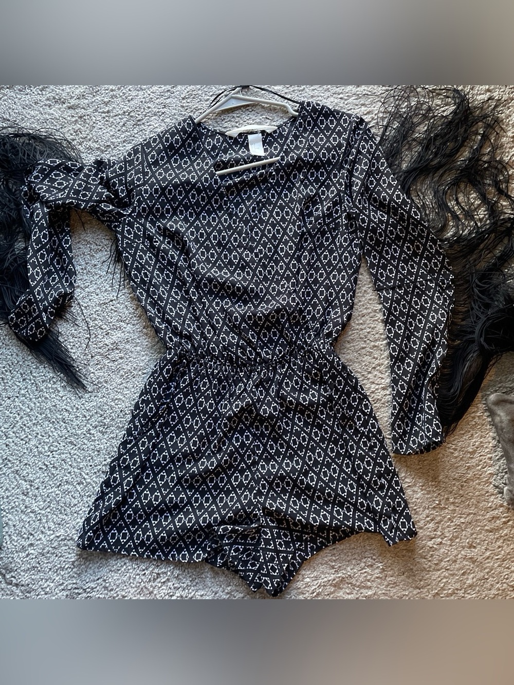 H&M Black & White Geometric Long-Sleeve Romper with Fringe Sleeves